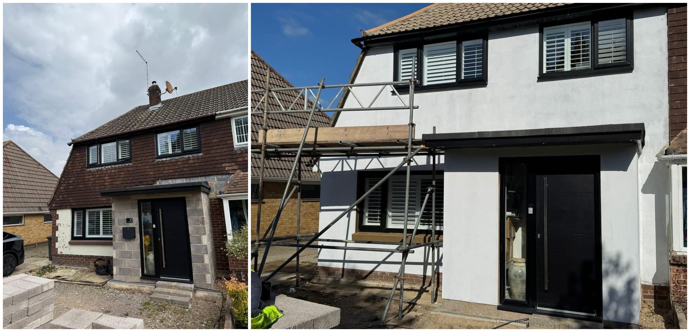 Exterior rendering before and after by IP Plastering Ltd
