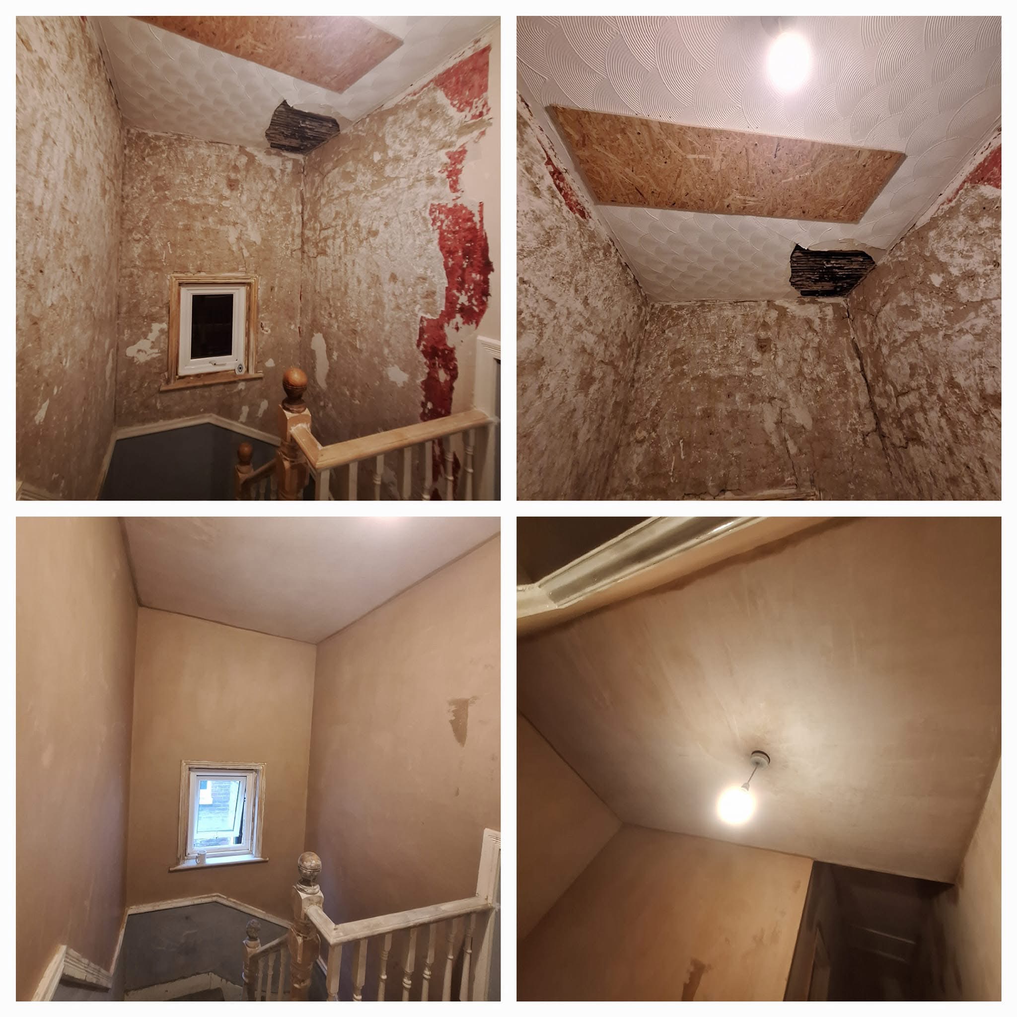 Landing and ceiling before and after plastering